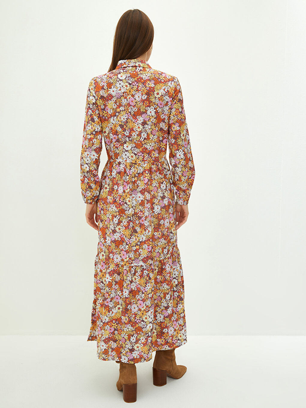 Shirt Neck Flower Long Sleeve Poplin Women's Dress-4
