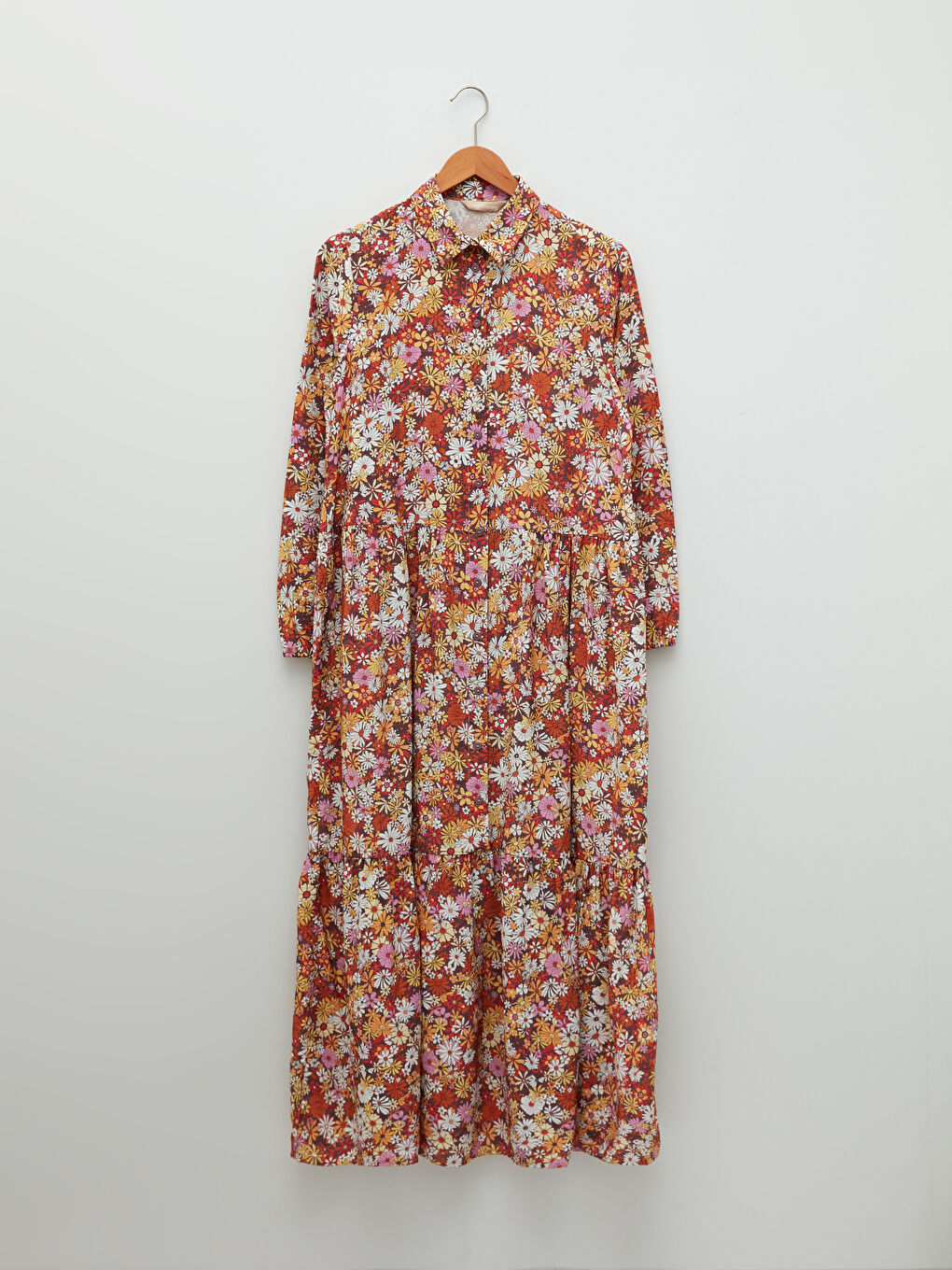 Shirt Neck Flower Long Sleeve Poplin Women's Dress-5