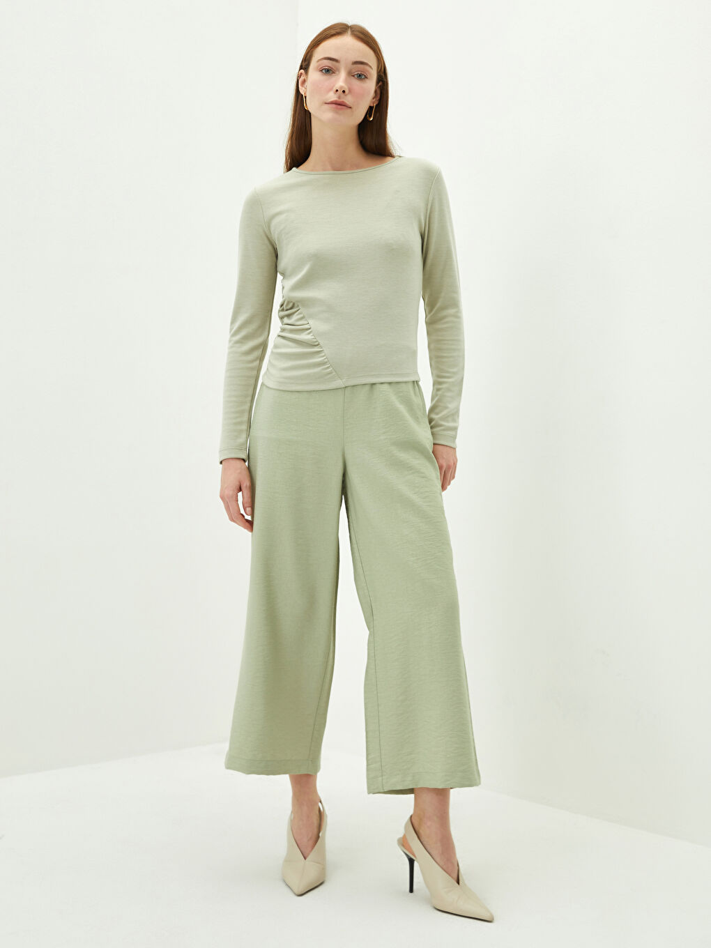 Блузка Женская Однотонная С Длинным Рукавом И Круглым Вырезом-1