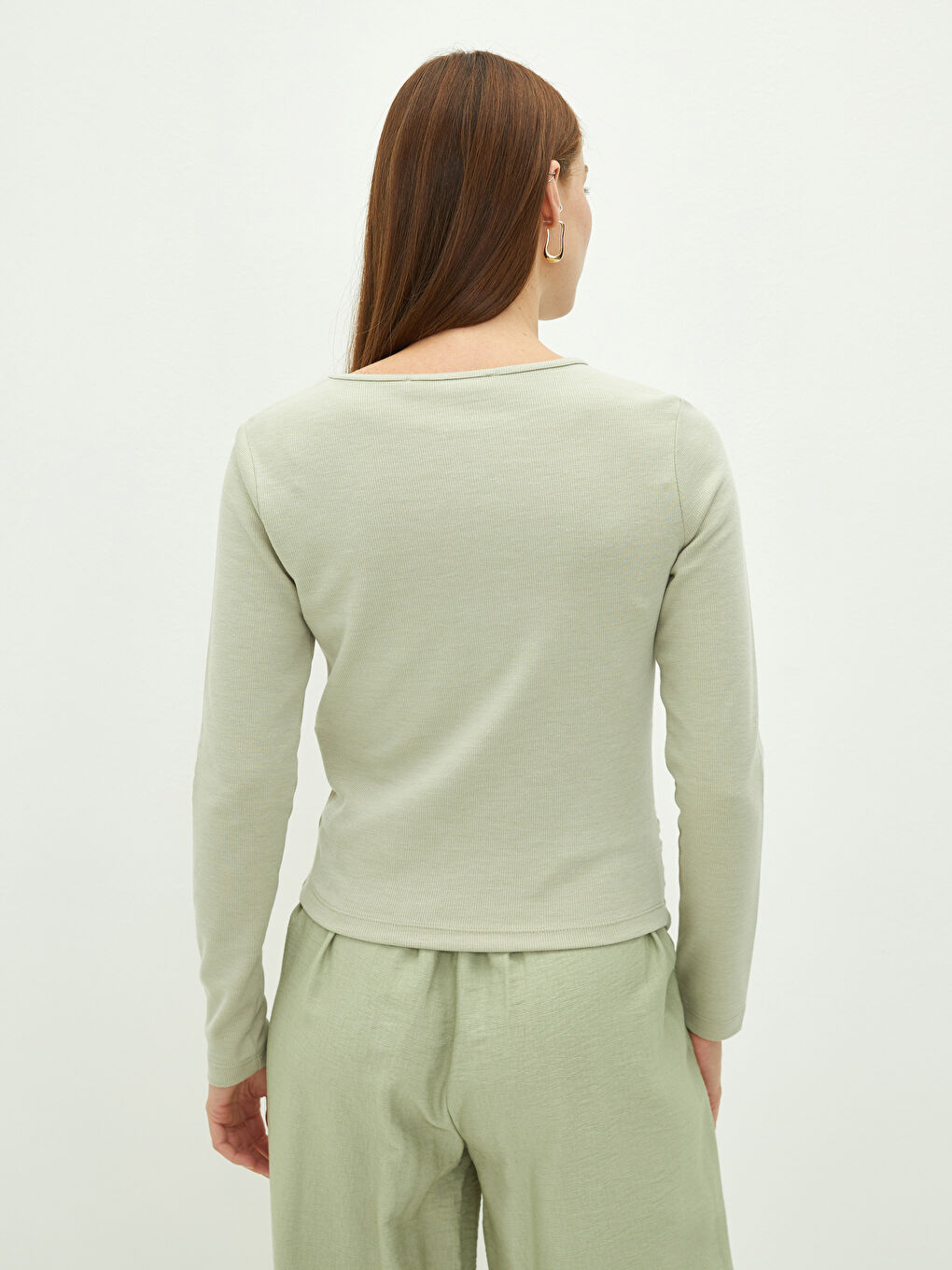 Блузка Женская Однотонная С Длинным Рукавом И Круглым Вырезом-3