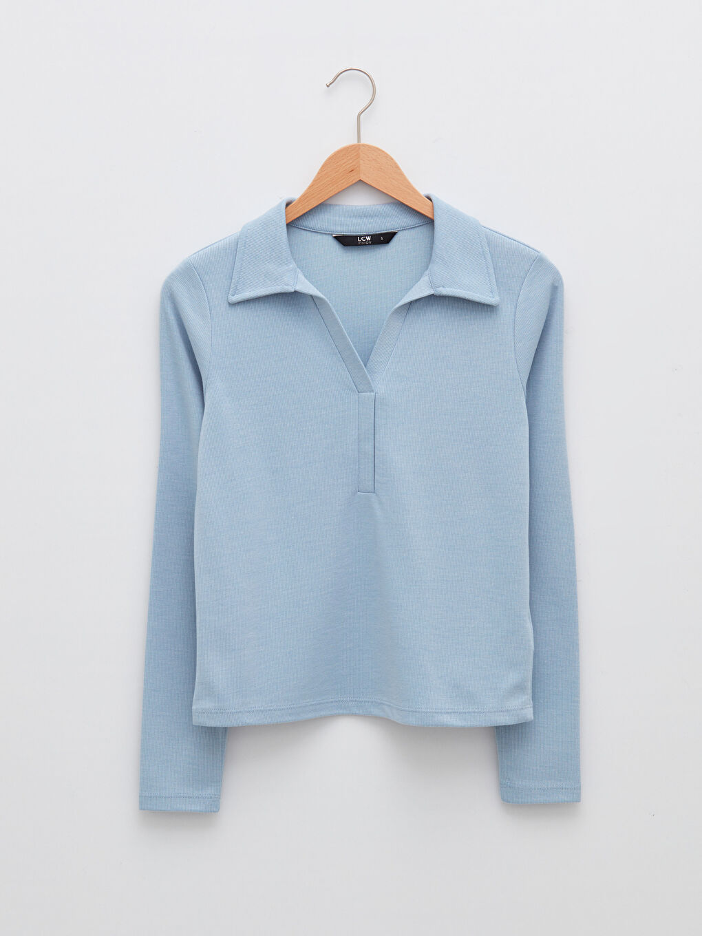 Mavi Polo Yaka Düz Uzun Kollu Kadın Tişört-5