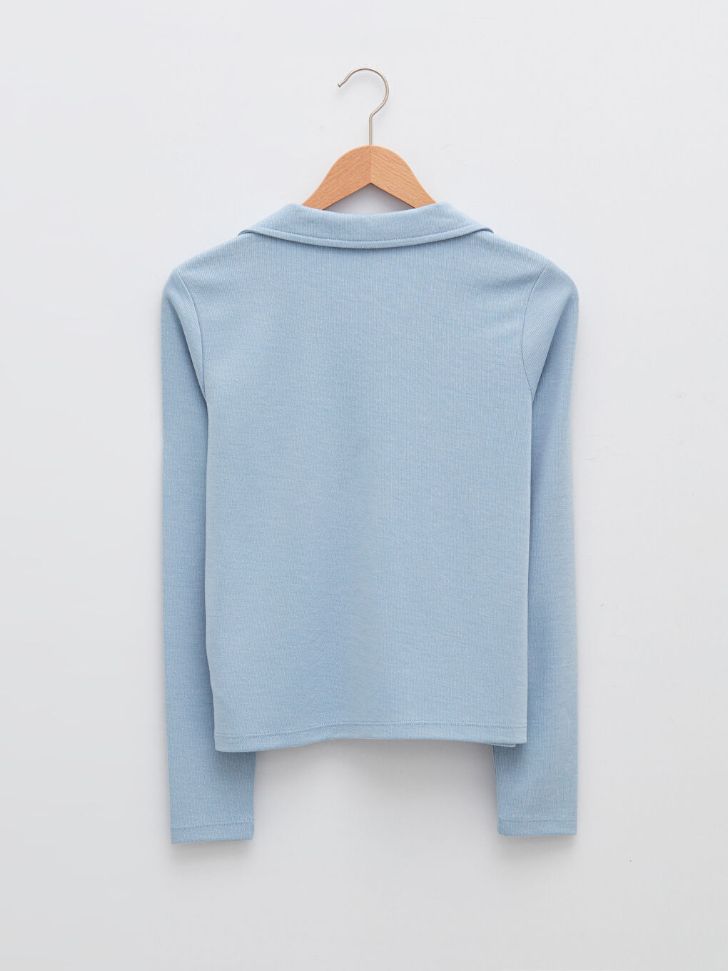 Mavi Polo Yaka Düz Uzun Kollu Kadın Tişört-6