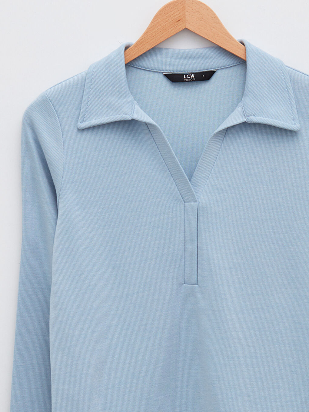 Mavi Polo Yaka Düz Uzun Kollu Kadın Tişört-7