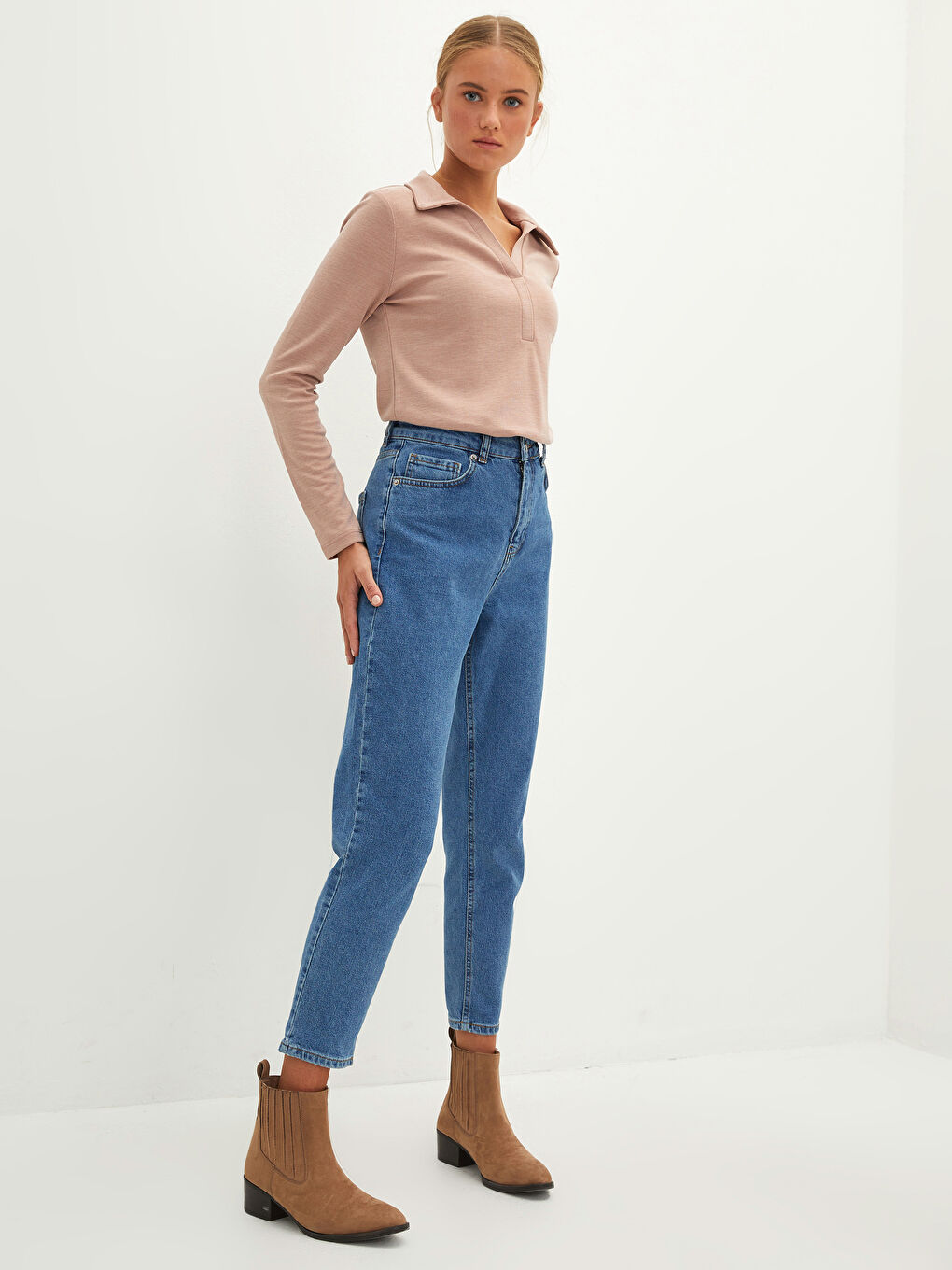 Pembe Polo Yaka Düz Uzun Kollu Kadın Tişört-1