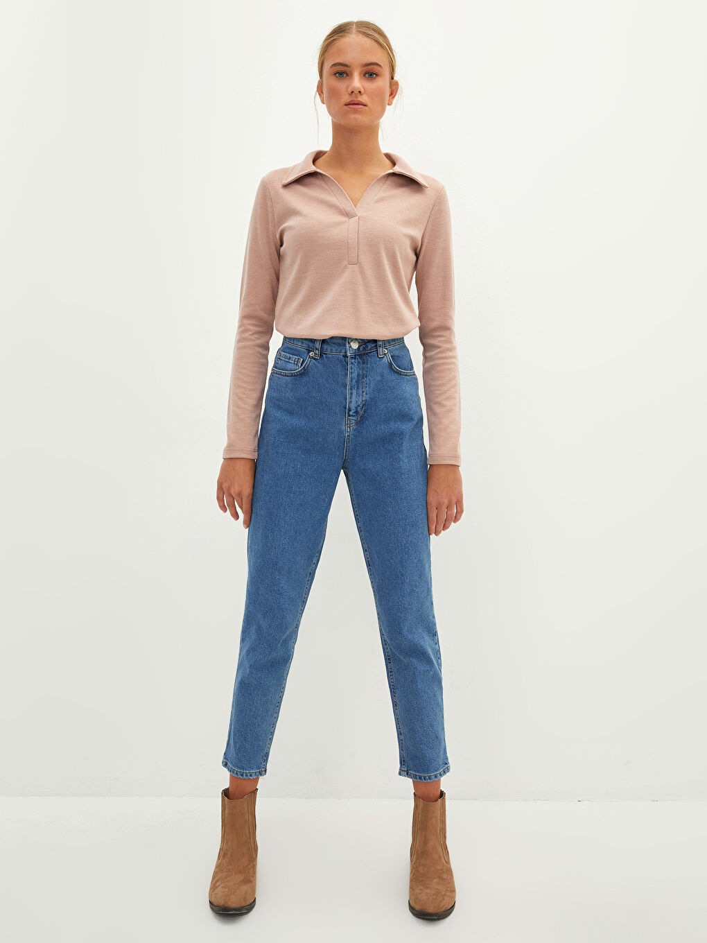 Pembe Polo Yaka Düz Uzun Kollu Kadın Tişört-2