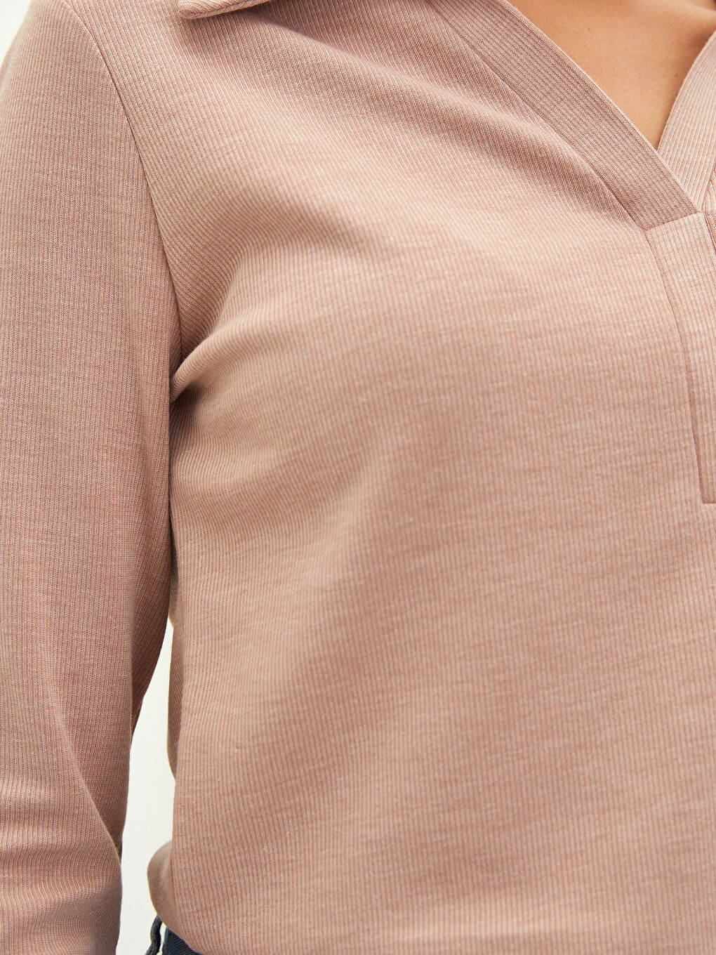 Pembe Polo Yaka Düz Uzun Kollu Kadın Tişört-3