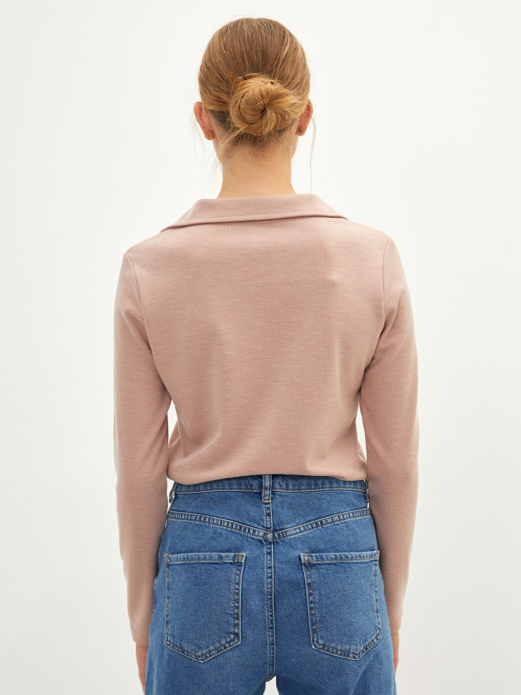 Pembe Polo Yaka Düz Uzun Kollu Kadın Tişört-4