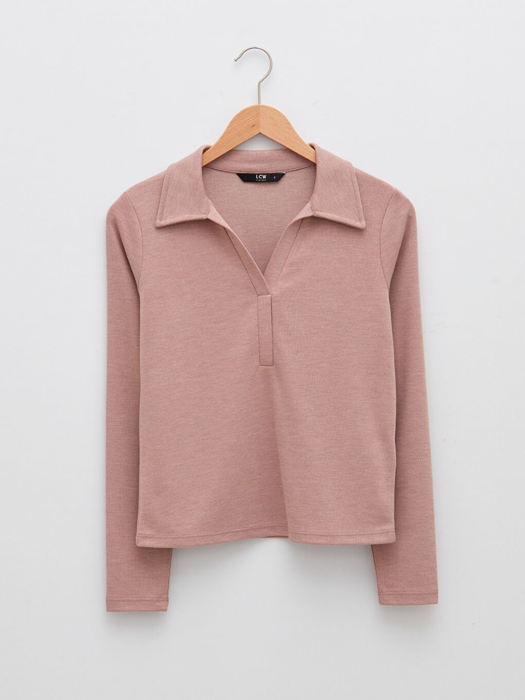 Pembe Polo Yaka Düz Uzun Kollu Kadın Tişört-5