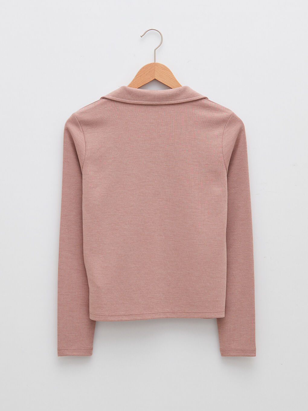 Pembe Polo Yaka Düz Uzun Kollu Kadın Tişört-6