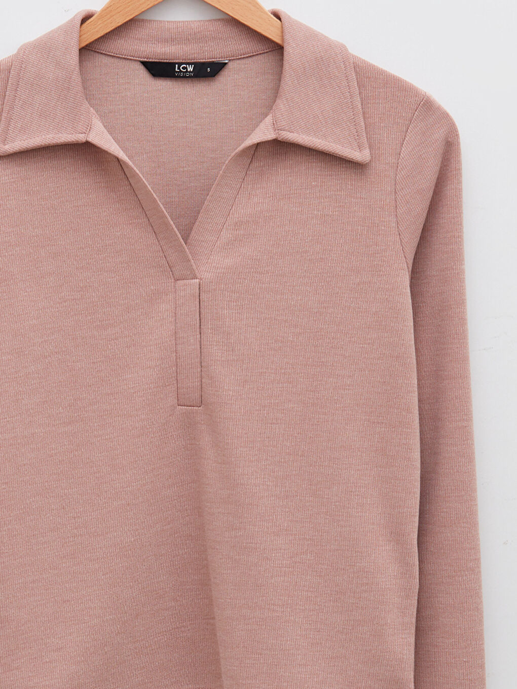 Pembe Polo Yaka Düz Uzun Kollu Kadın Tişört-7