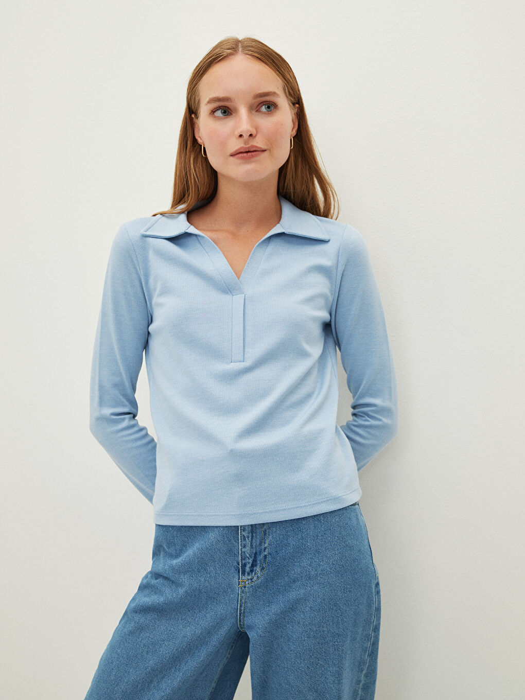 Mavi Polo Yaka Düz Uzun Kollu Kadın Tişört
