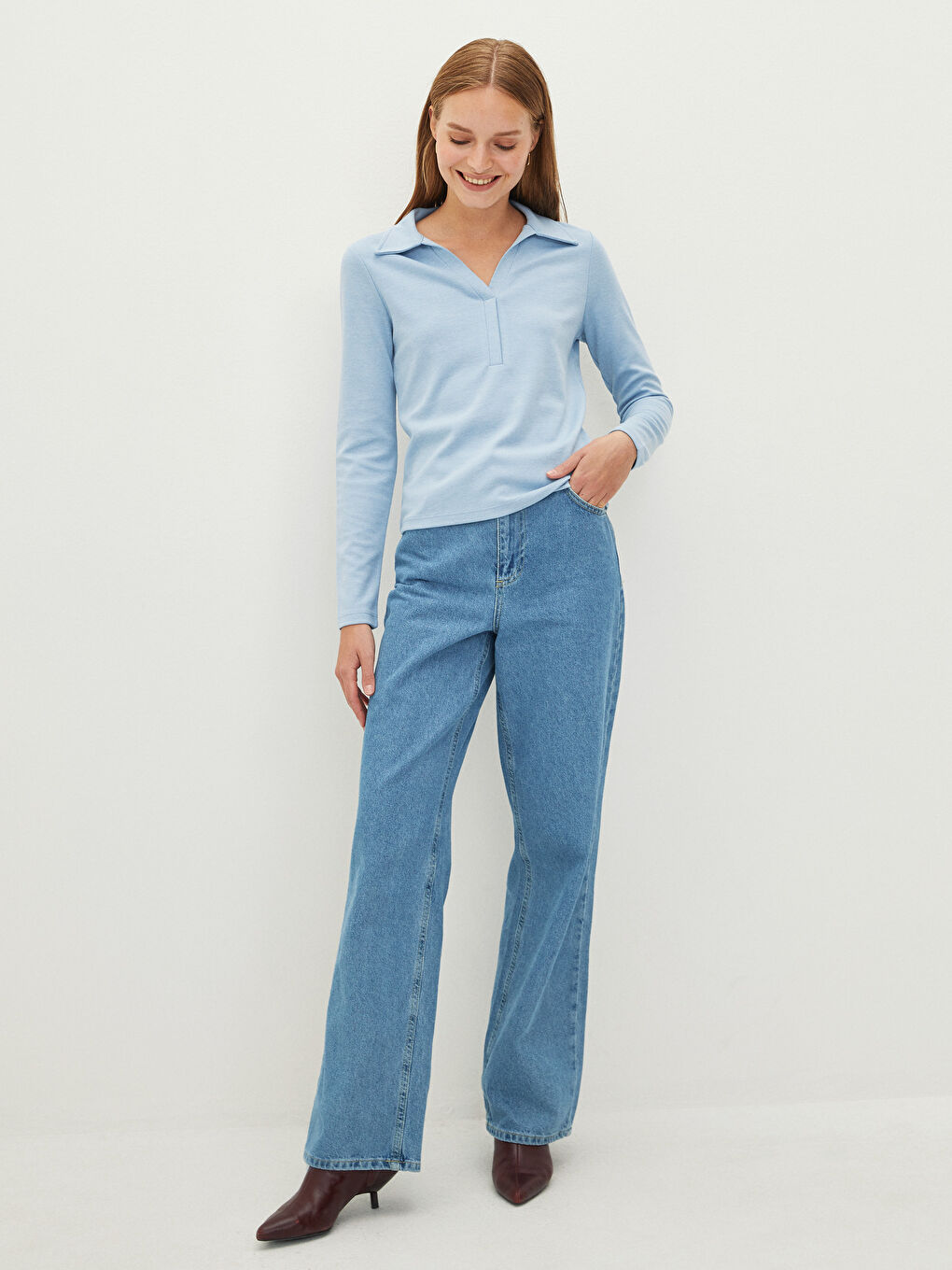 Mavi Polo Yaka Düz Uzun Kollu Kadın Tişört-3