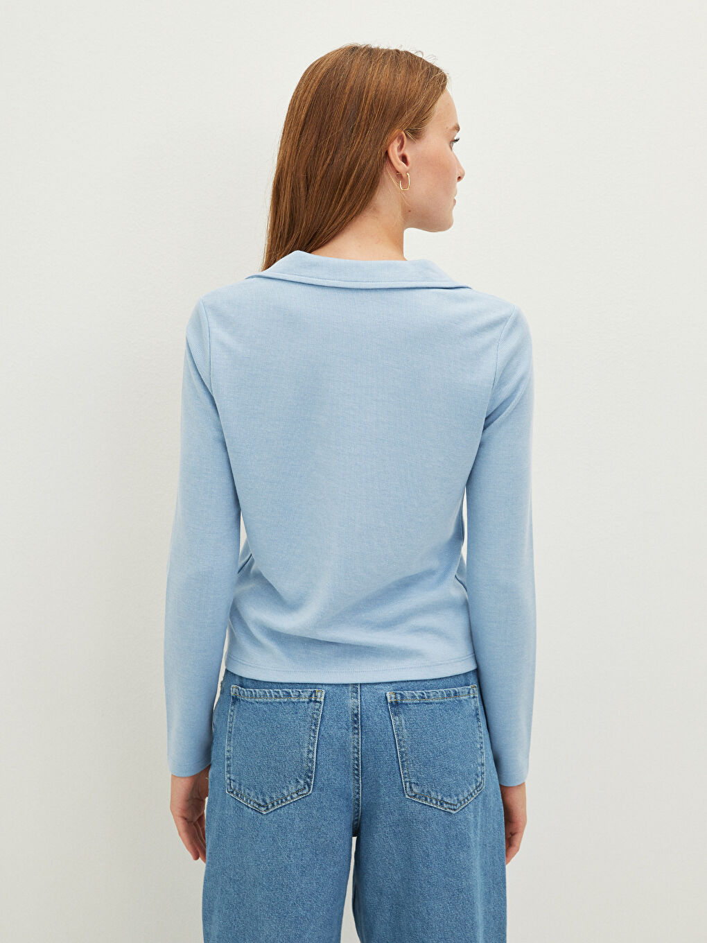 Mavi Polo Yaka Düz Uzun Kollu Kadın Tişört-4