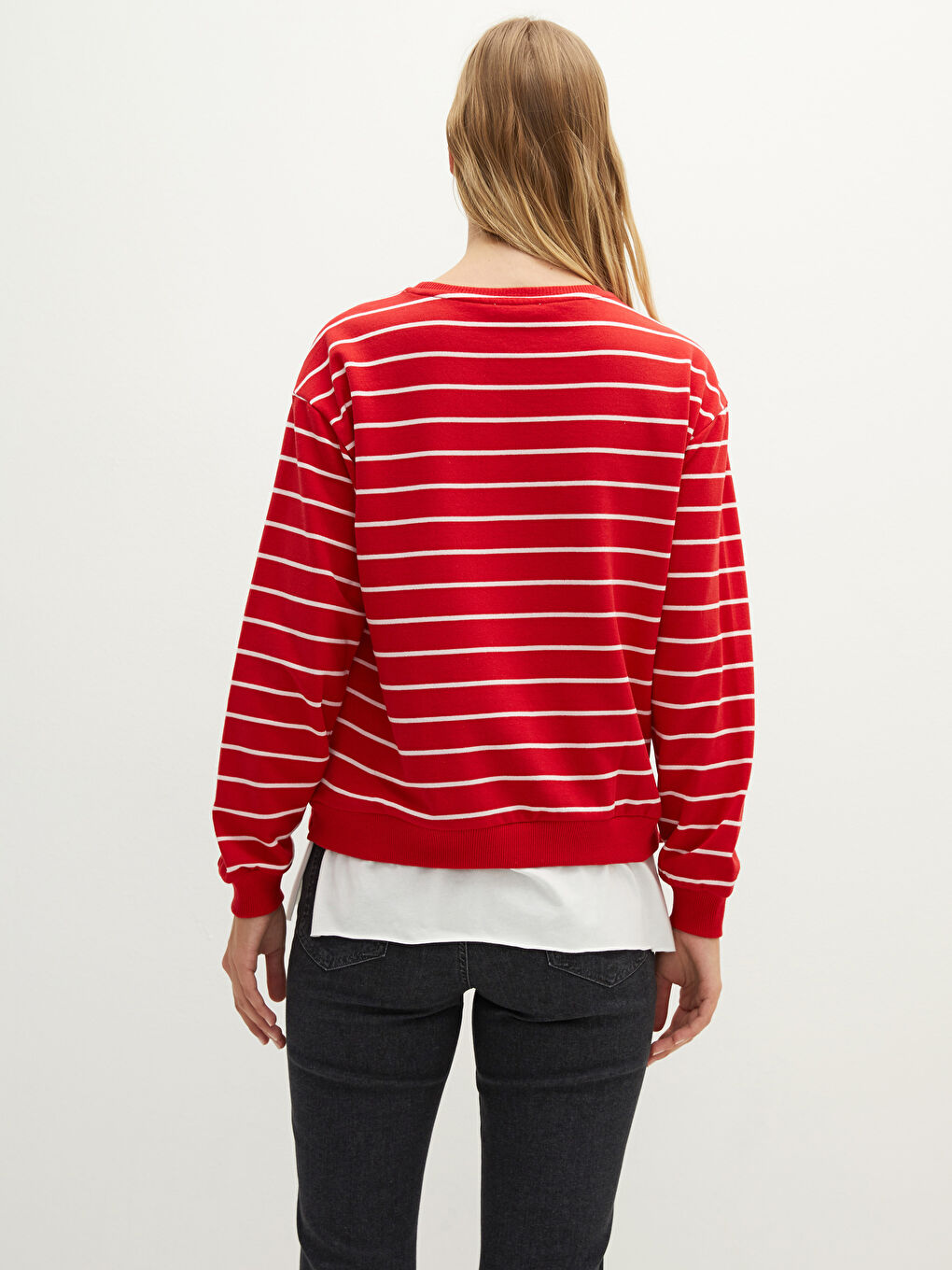 Kırmızı Bisiklet Yaka Çizgili Uzun Kollu Kadın Sweatshirt-5