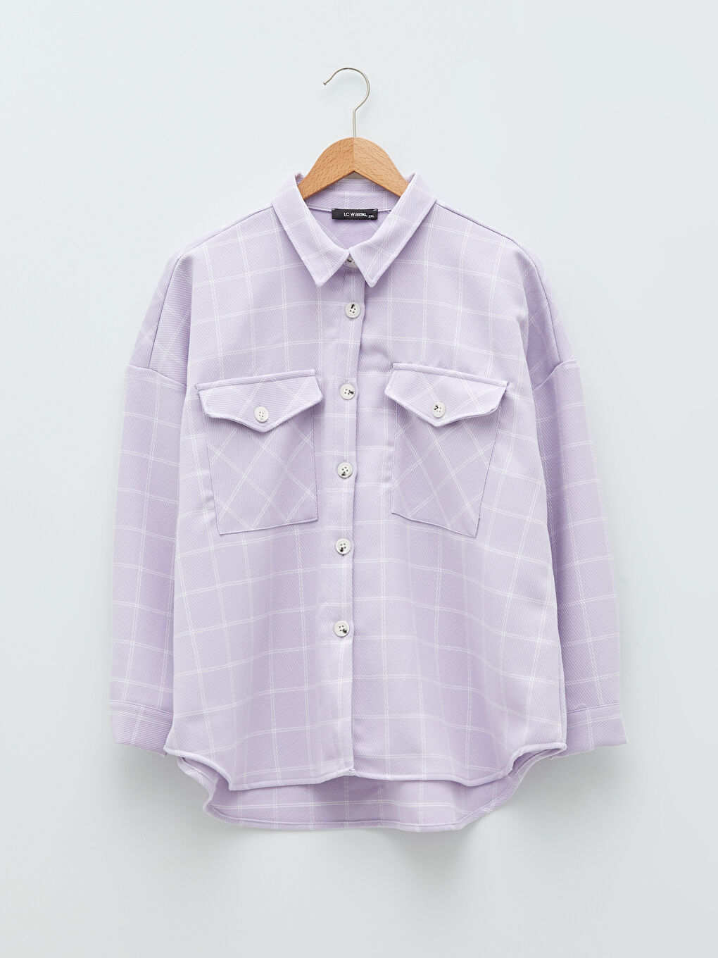 Lila Büyük Beden Önden Düğme Kapamalı Ekose Uzun Kollu Kadın Gömlek-10