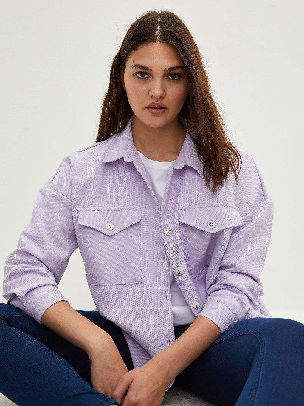 Lila Büyük Beden Önden Düğme Kapamalı Ekose Uzun Kollu Kadın Gömlek-1
