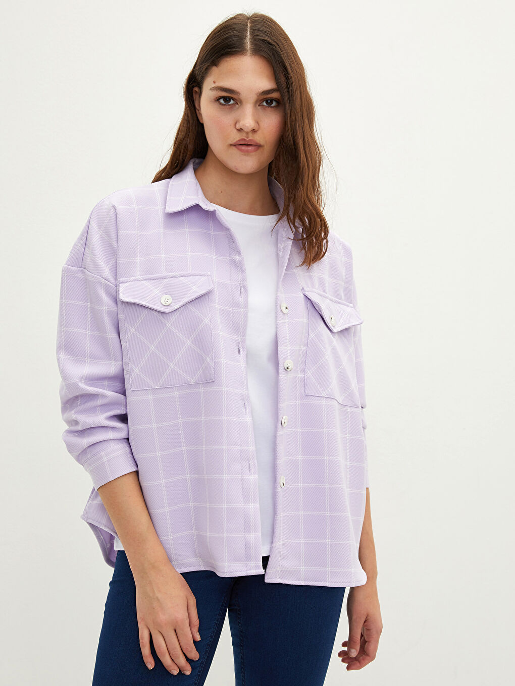 Lila Büyük Beden Önden Düğme Kapamalı Ekose Uzun Kollu Kadın Gömlek-3