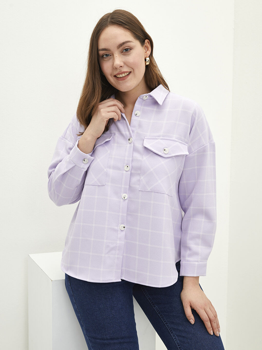 Lila Büyük Beden Önden Düğme Kapamalı Ekose Uzun Kollu Kadın Gömlek