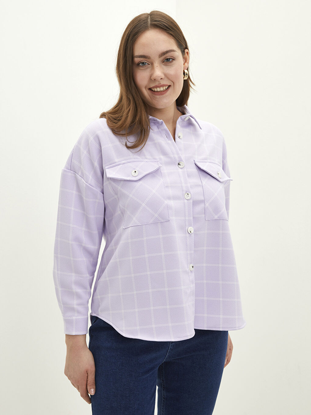 Lila Büyük Beden Önden Düğme Kapamalı Ekose Uzun Kollu Kadın Gömlek-2
