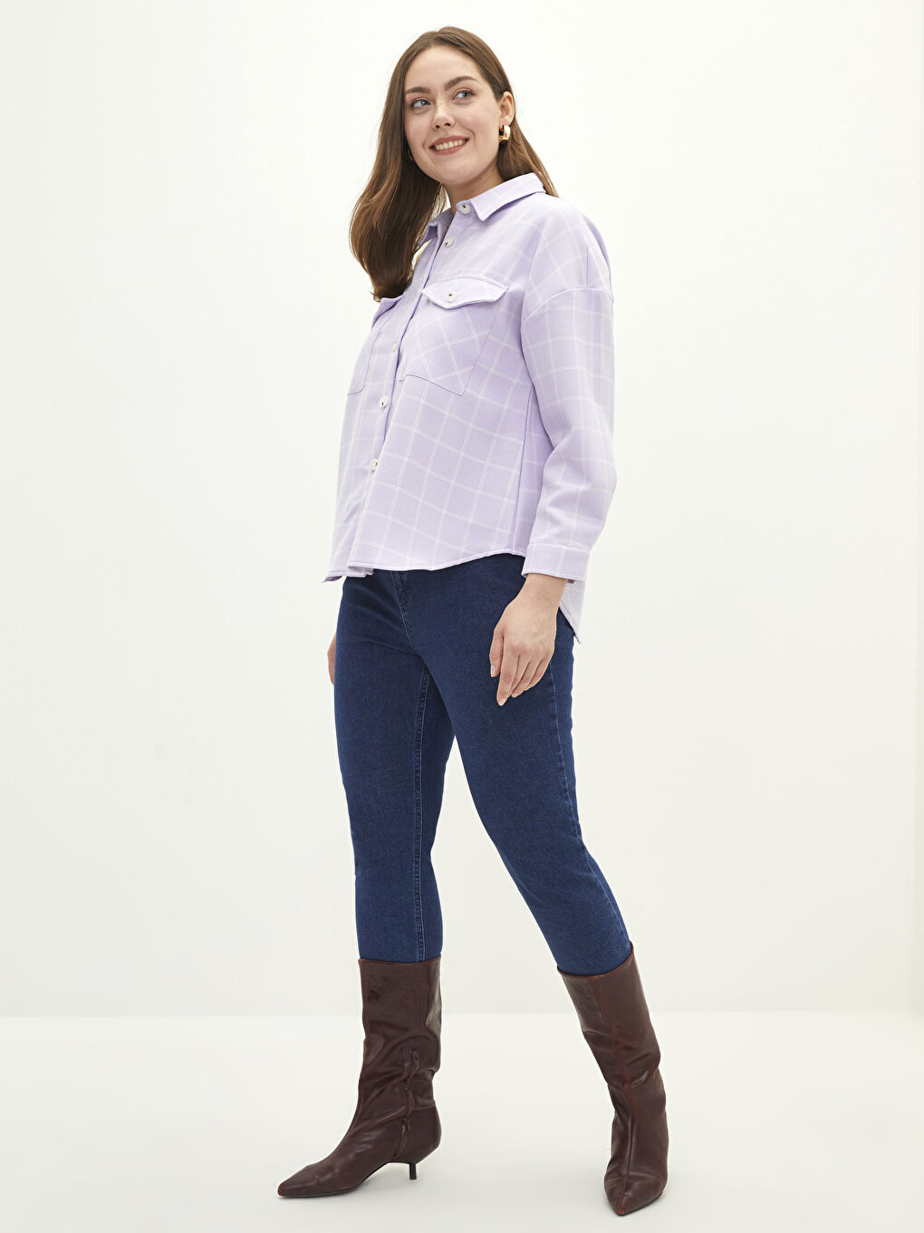 Lila Büyük Beden Önden Düğme Kapamalı Ekose Uzun Kollu Kadın Gömlek-4
