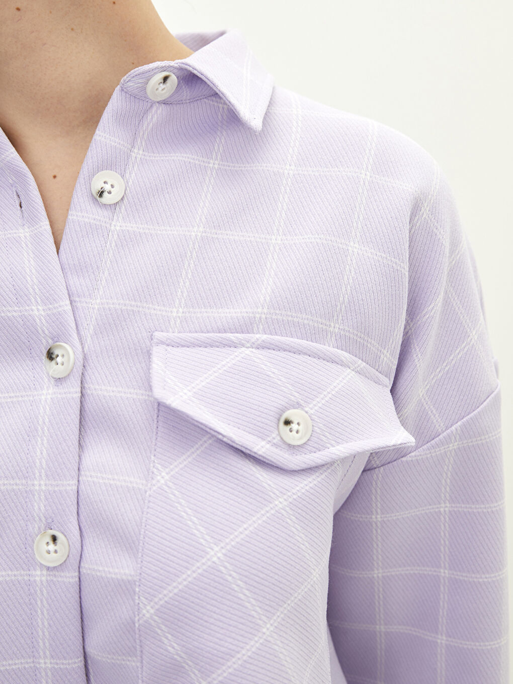 Lila Büyük Beden Önden Düğme Kapamalı Ekose Uzun Kollu Kadın Gömlek-6