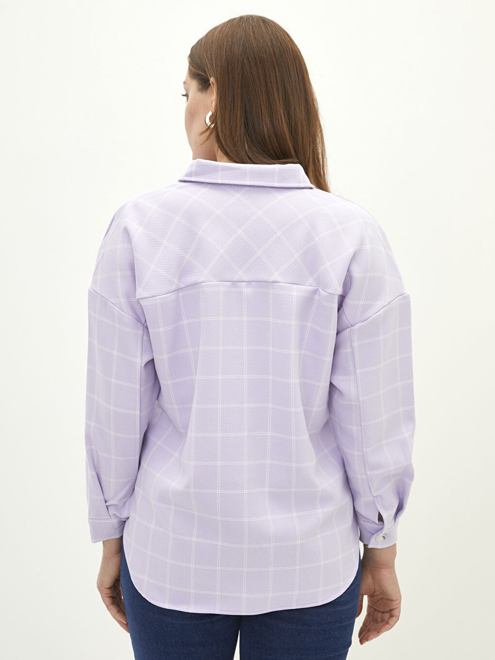 Lila Büyük Beden Önden Düğme Kapamalı Ekose Uzun Kollu Kadın Gömlek-8