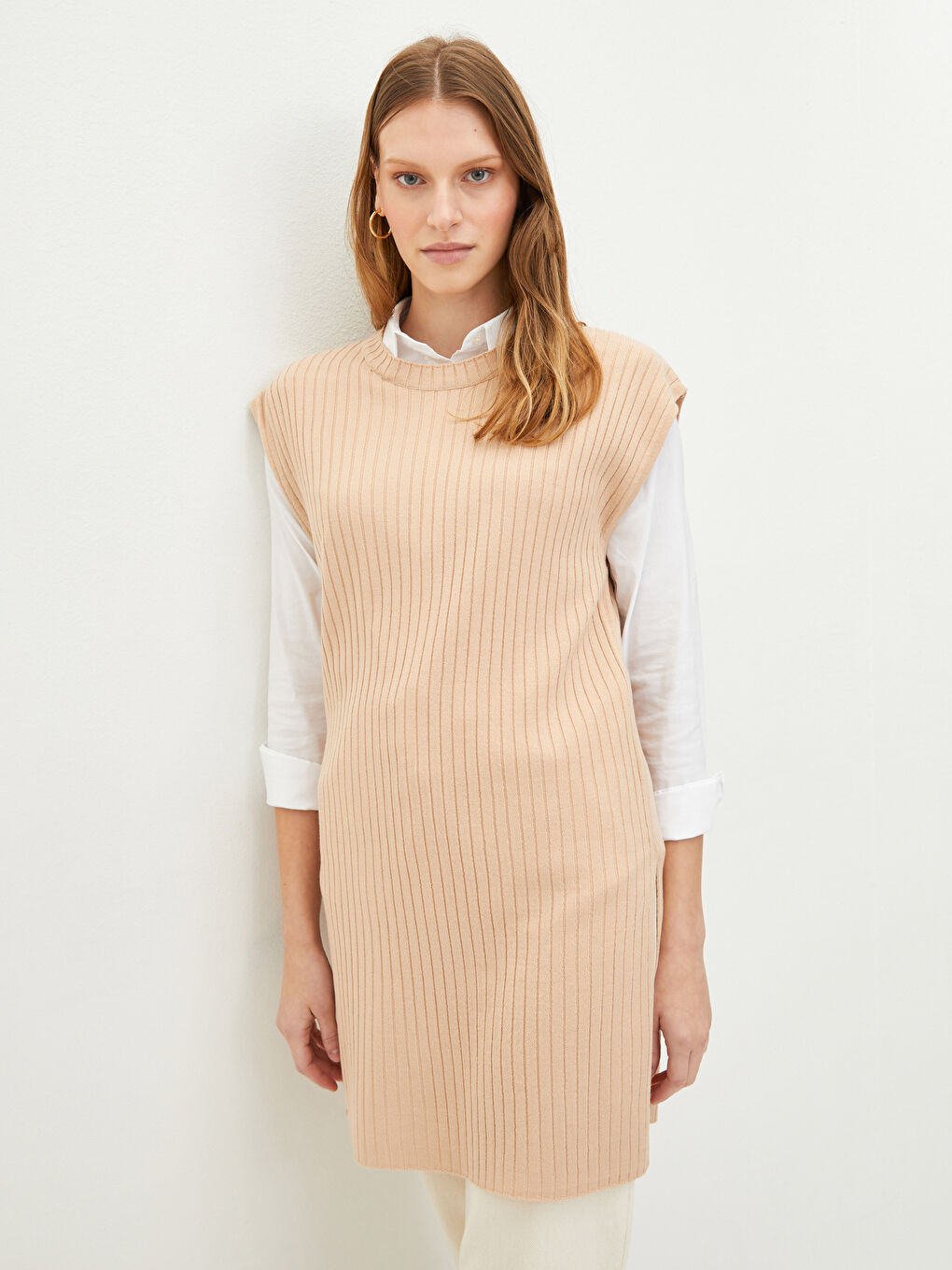 Bej Kadın Bisiklet Yaka Düz Triko Süveter