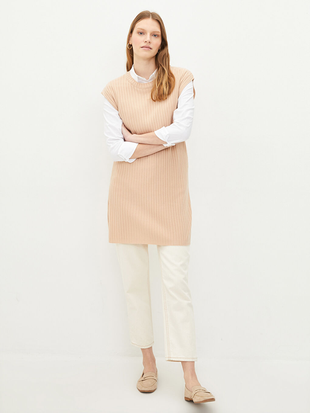 Bej Kadın Bisiklet Yaka Düz Triko Süveter-1