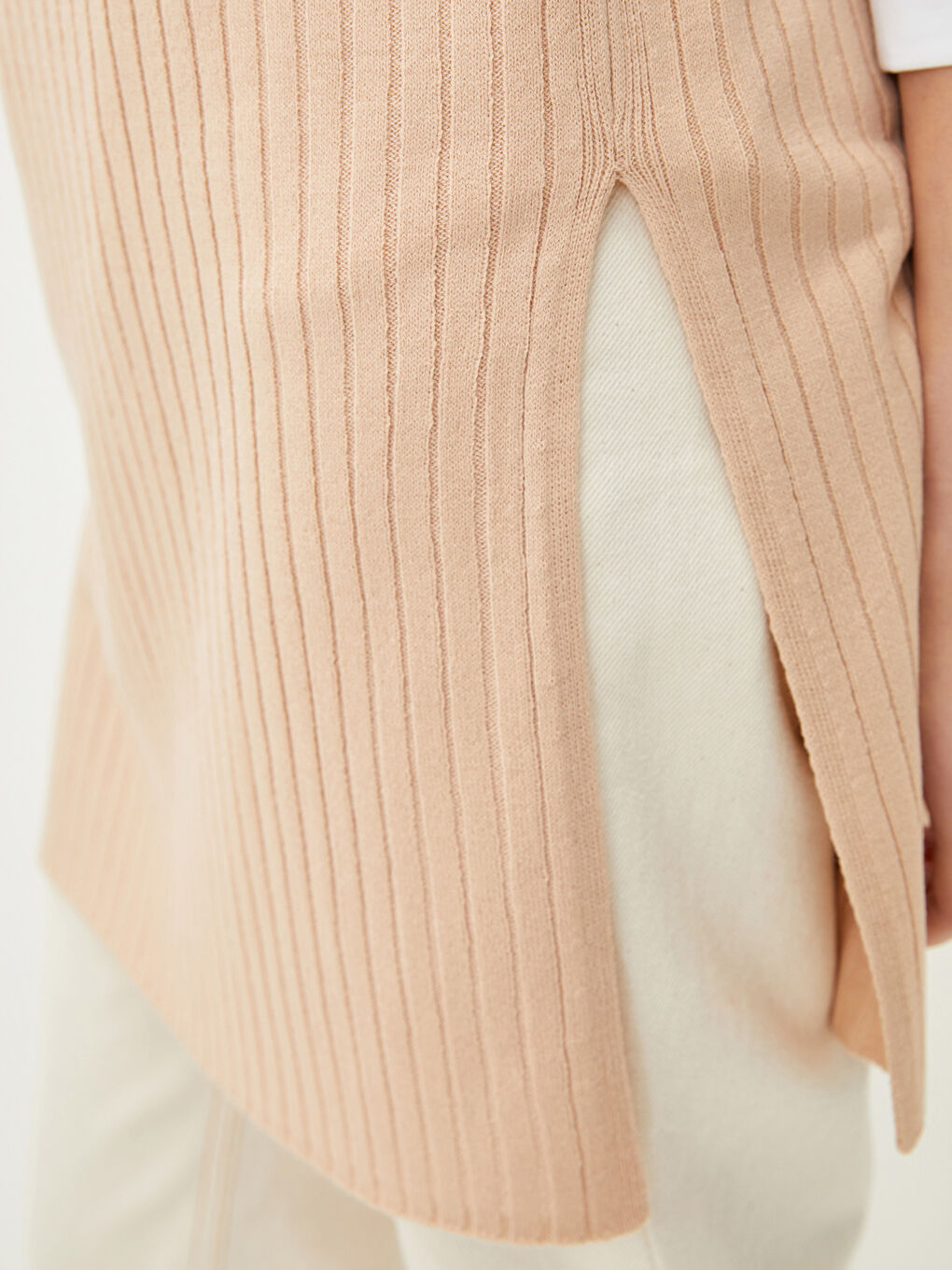 Bej Kadın Bisiklet Yaka Düz Triko Süveter-2