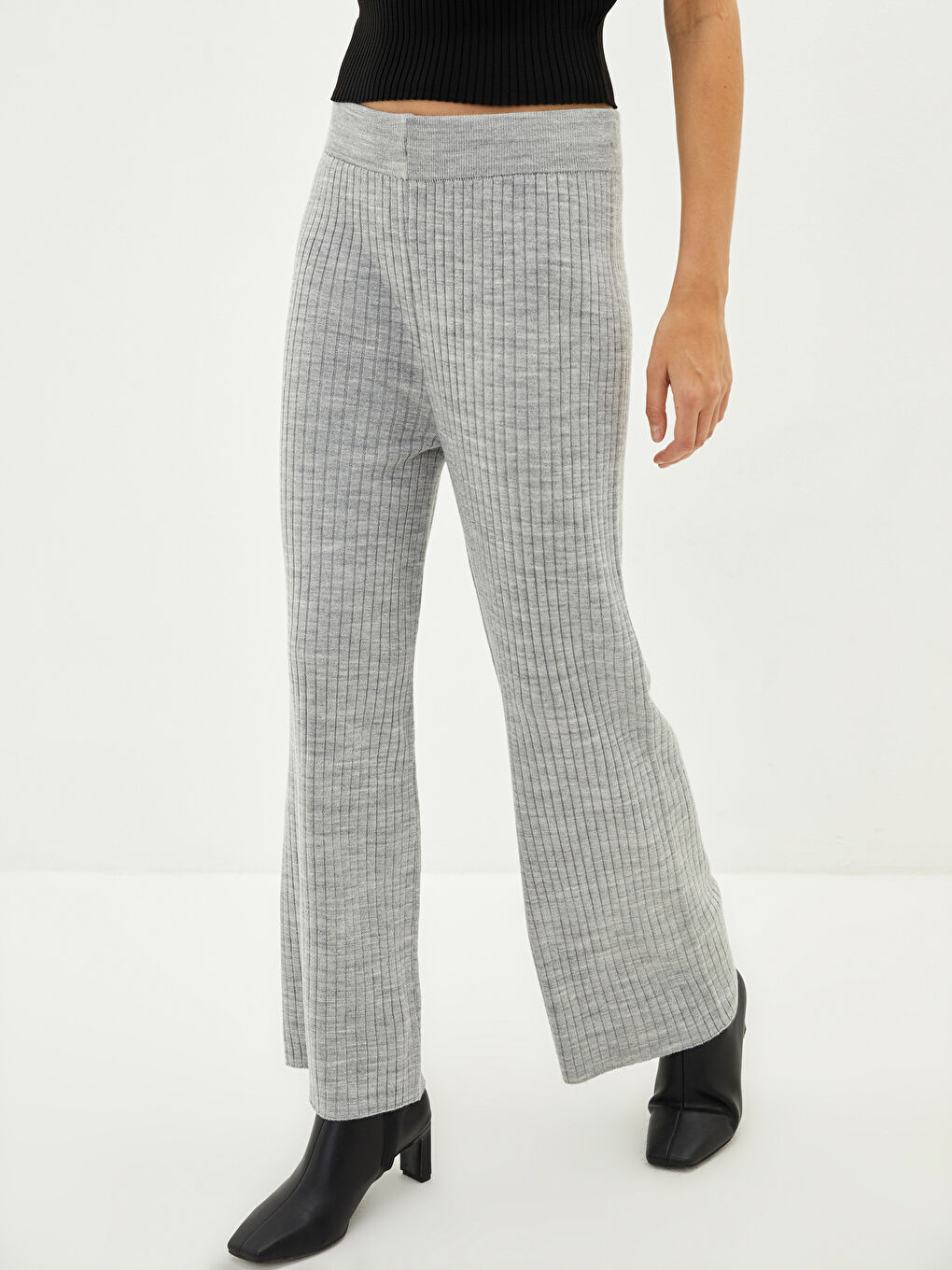 Elastic Waist Standard Fit Straight Wide Leg Women's Knitwear Trousers-1