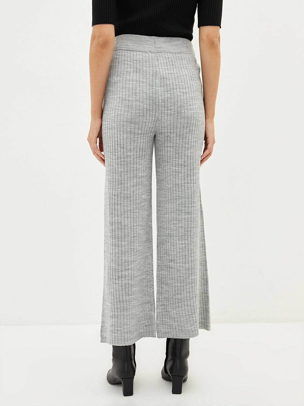 Elastic Waist Standard Fit Straight Wide Leg Women's Knitwear Trousers-2