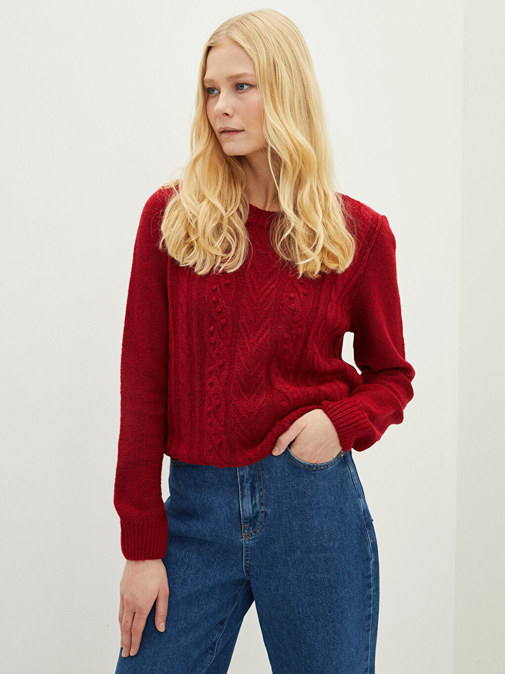 Fuşya Bisiklet Yaka Kendinden Desenli Uzun Kollu Kadın Triko Kazak