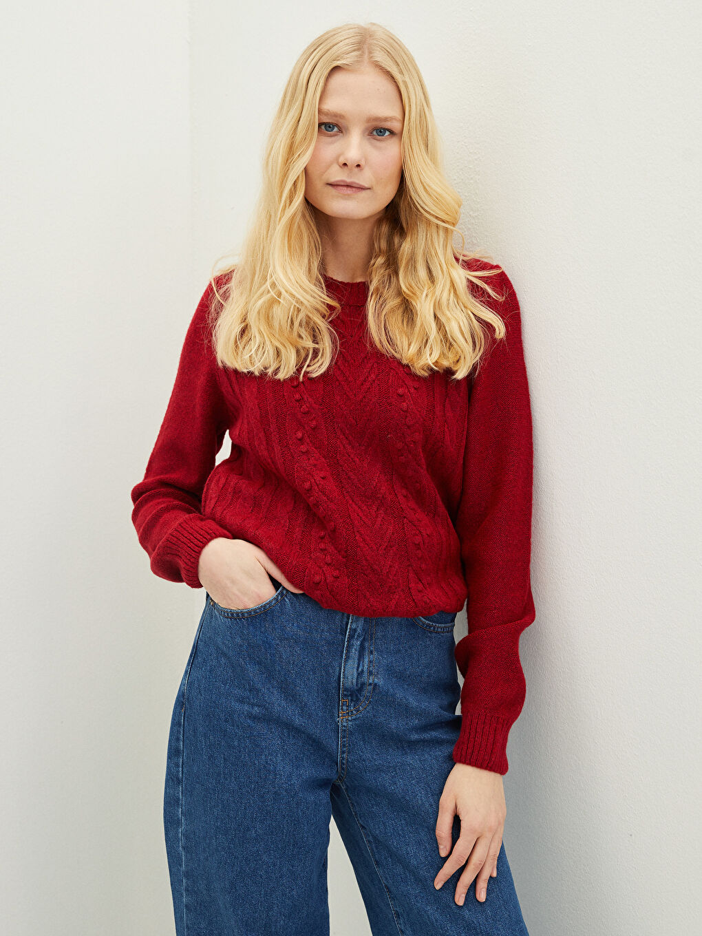 Fuşya Bisiklet Yaka Kendinden Desenli Uzun Kollu Kadın Triko Kazak-1