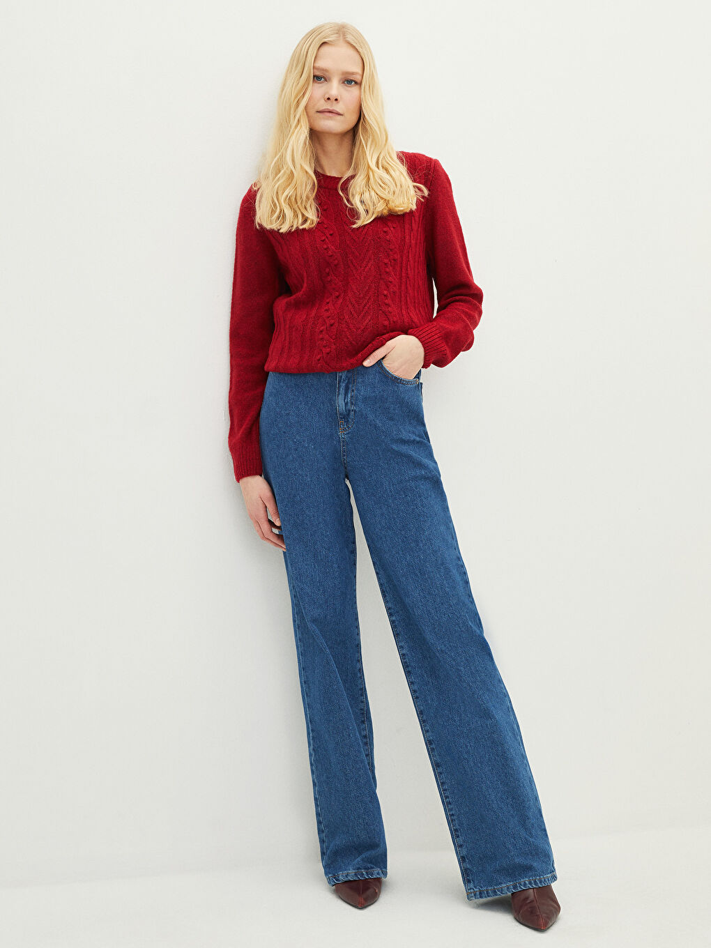 Fuşya Bisiklet Yaka Kendinden Desenli Uzun Kollu Kadın Triko Kazak-2