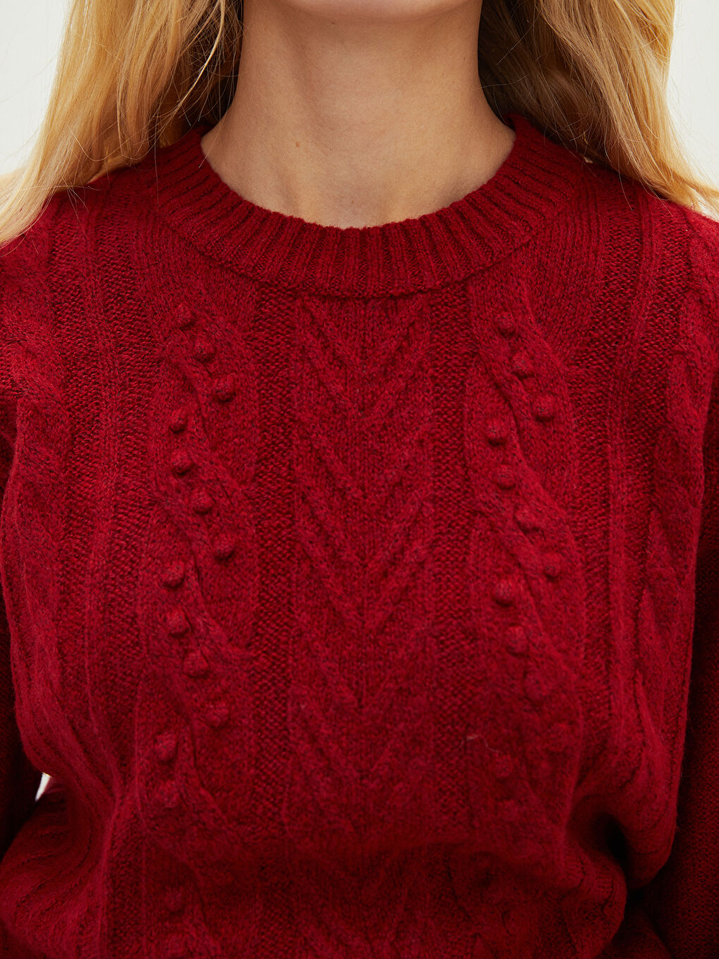 Fuşya Bisiklet Yaka Kendinden Desenli Uzun Kollu Kadın Triko Kazak-3