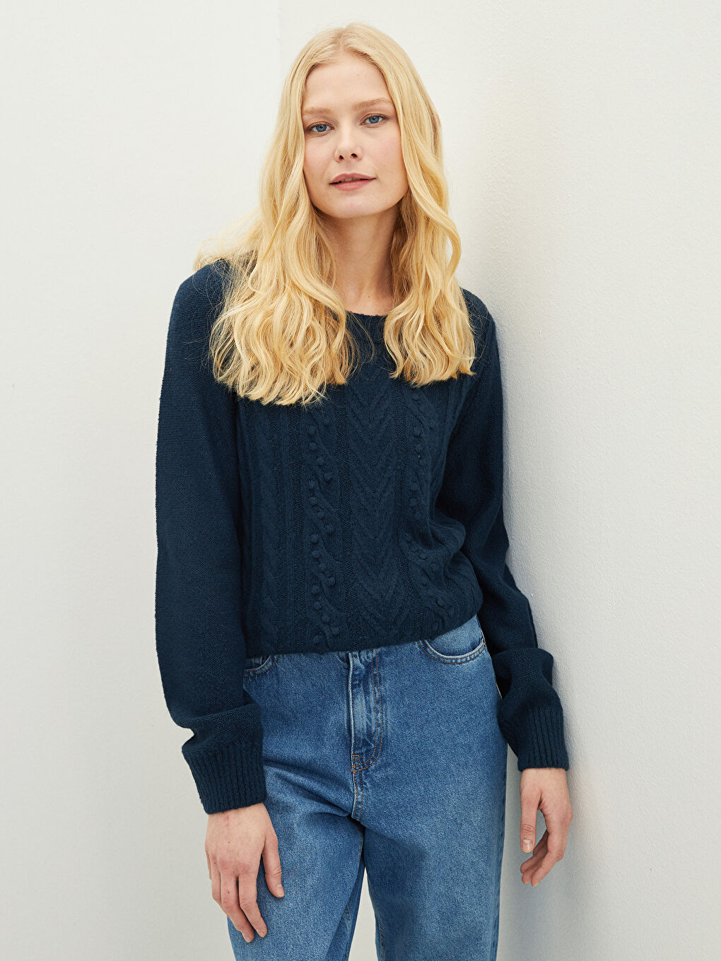 İndigo Bisiklet Yaka Kendinden Desenli Uzun Kollu Kadın Triko Kazak