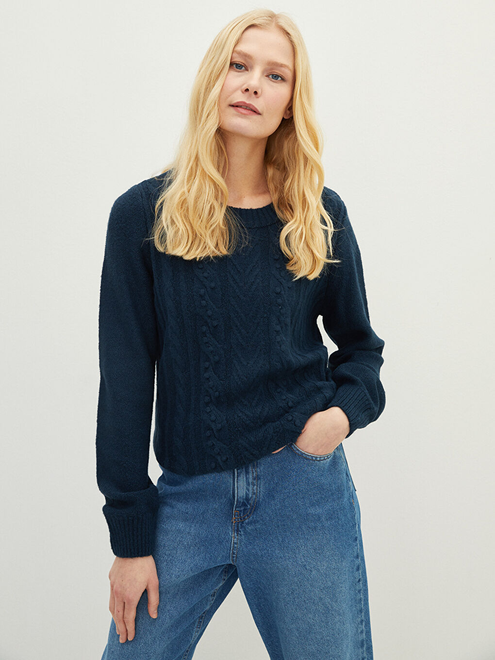 İndigo Bisiklet Yaka Kendinden Desenli Uzun Kollu Kadın Triko Kazak-1