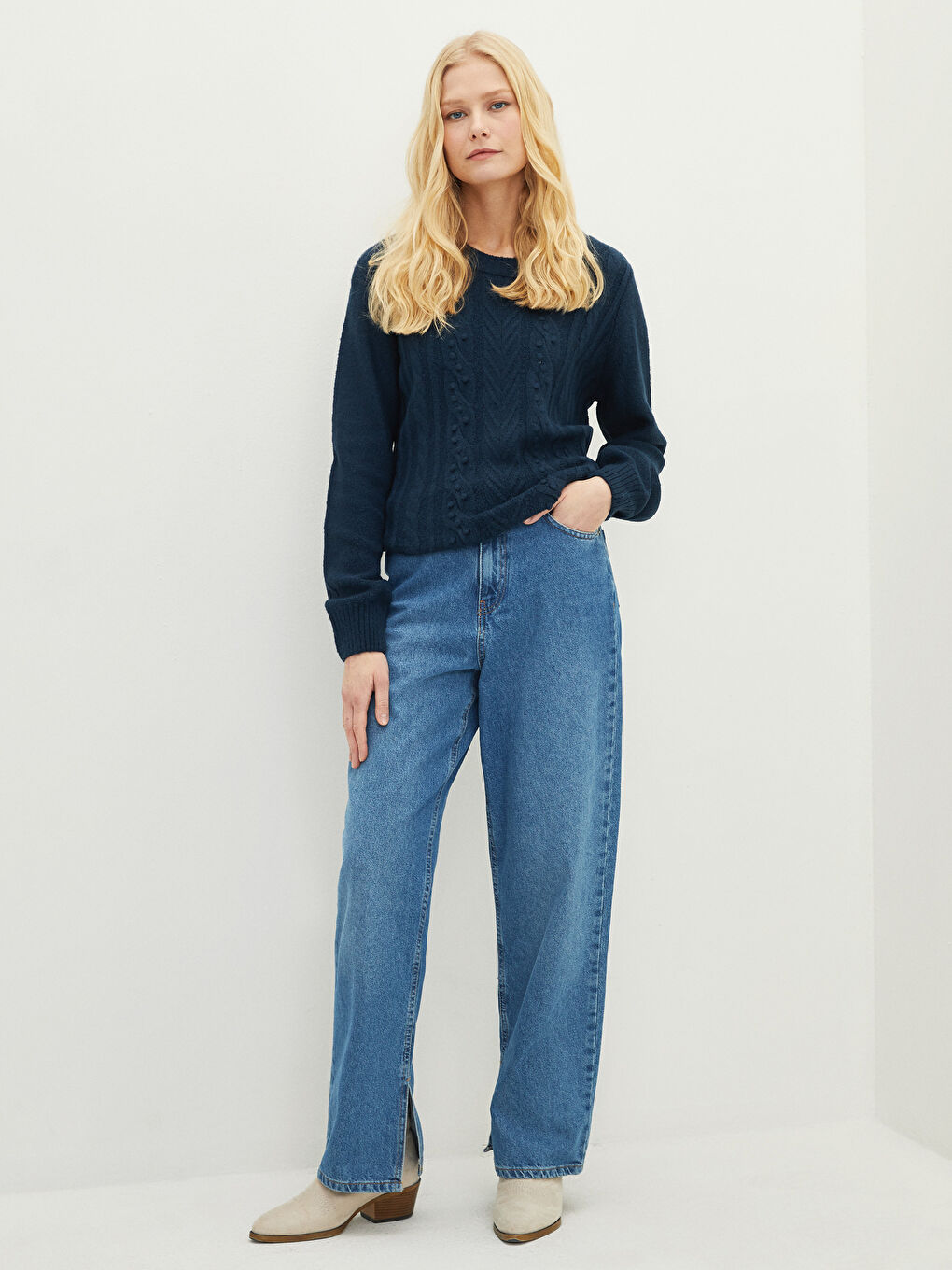 İndigo Bisiklet Yaka Kendinden Desenli Uzun Kollu Kadın Triko Kazak-2