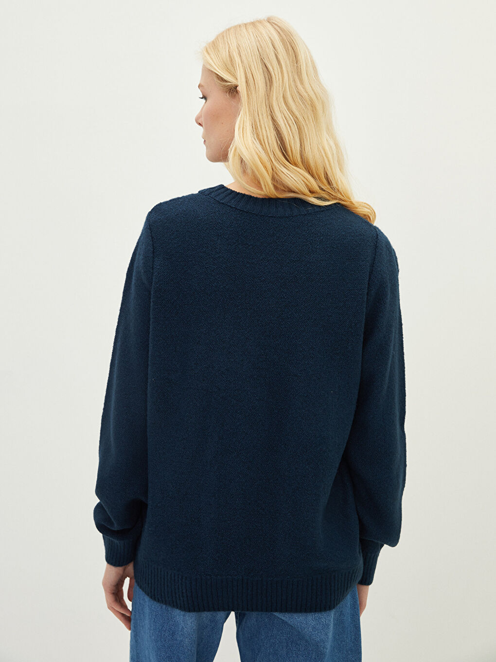 İndigo Bisiklet Yaka Kendinden Desenli Uzun Kollu Kadın Triko Kazak-4