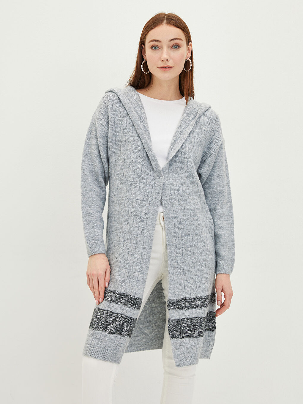 Gemusterte Langarm-Strickjacke mit Kapuze für Damen