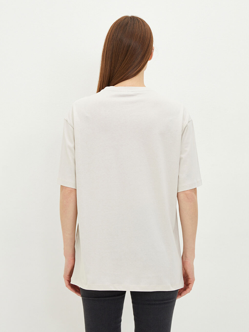 Gri Bisiklet Yaka Düz Kısa Kollu Pamuklu Kadın Tişört-7