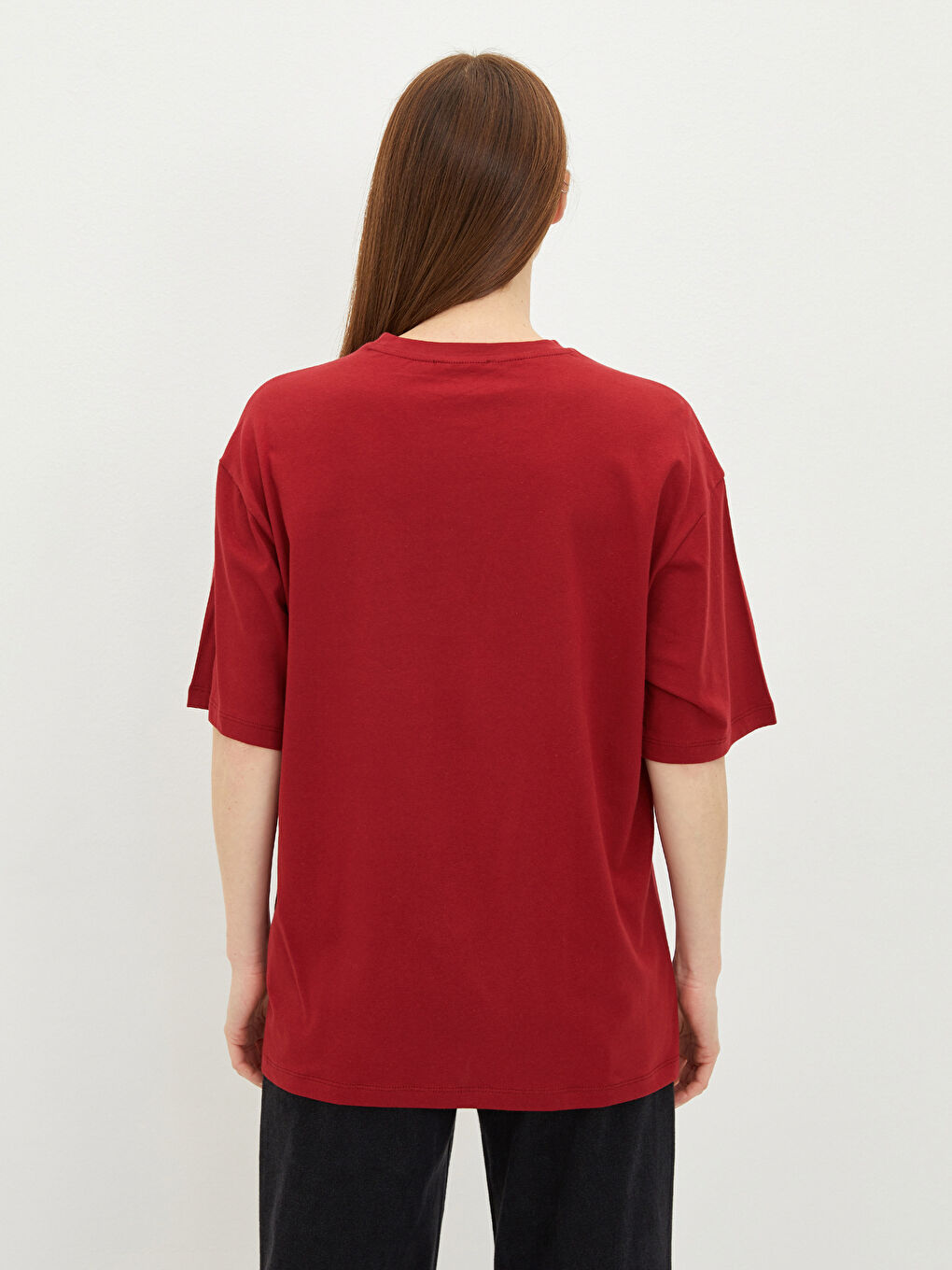 Bordo Bisiklet Yaka Düz Kısa Kollu Pamuklu Kadın Tişört-7