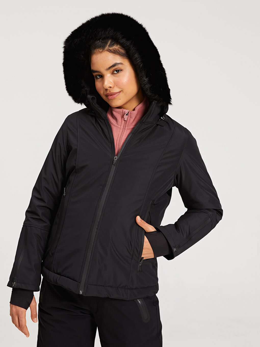 Manteau de Ski Extérieur pour Femmes avec Détail en Fourrure à Capuche Manches Longues Droites-2