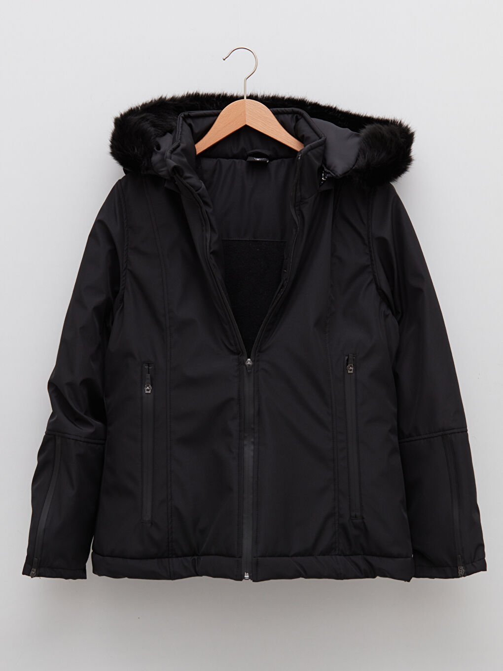 Manteau de Ski Extérieur pour Femmes avec Détail en Fourrure à Capuche Manches Longues Droites-10