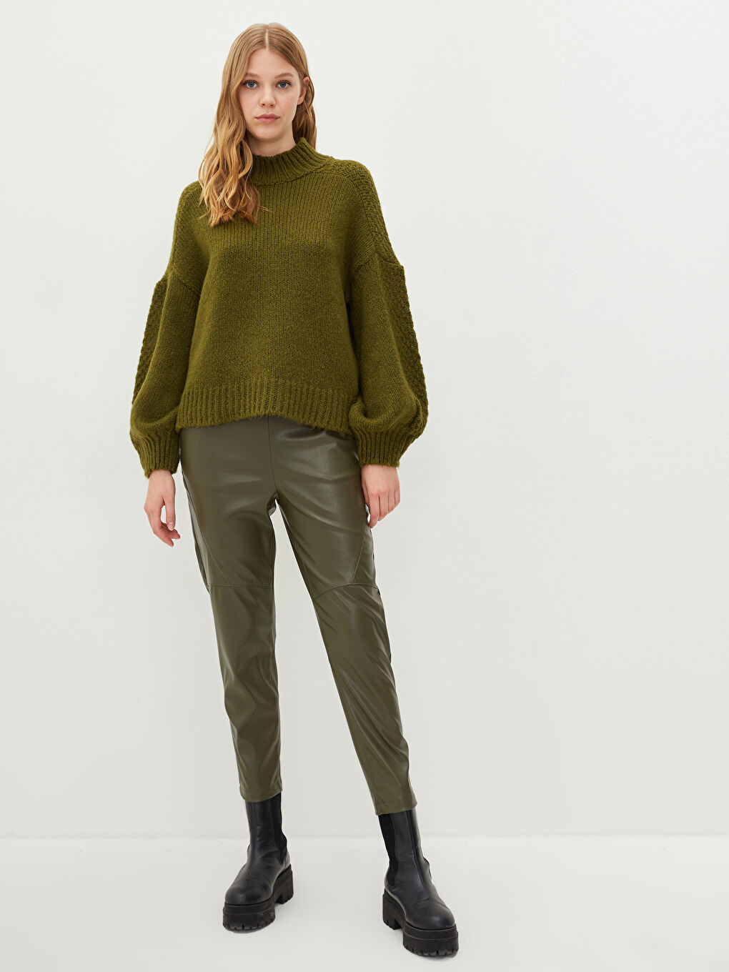 Half Turtleneck Self Patterned Long Sleeve Oversize Women's Knitwear Sweater-2