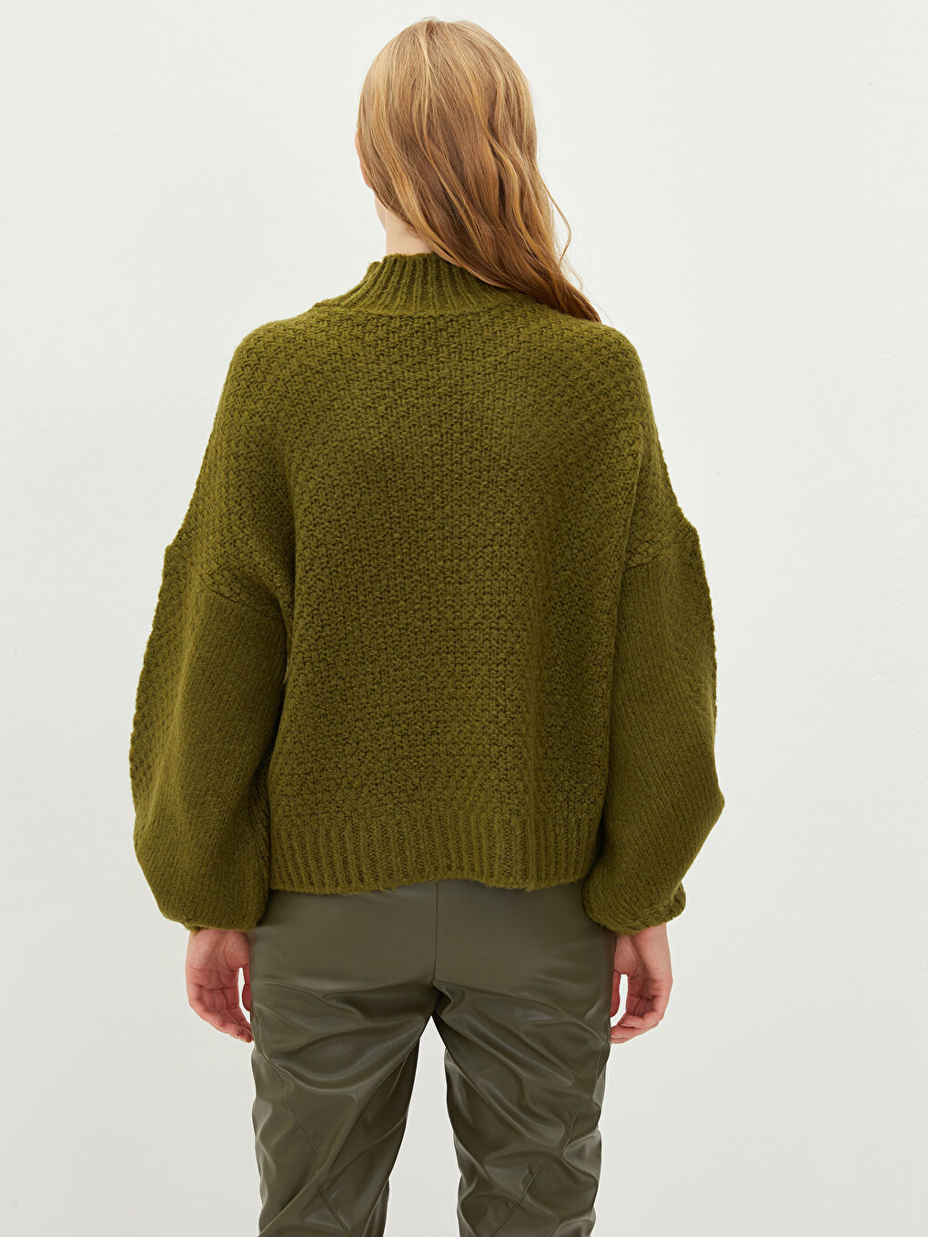 Half Turtleneck Self Patterned Long Sleeve Oversize Women's Knitwear Sweater-4