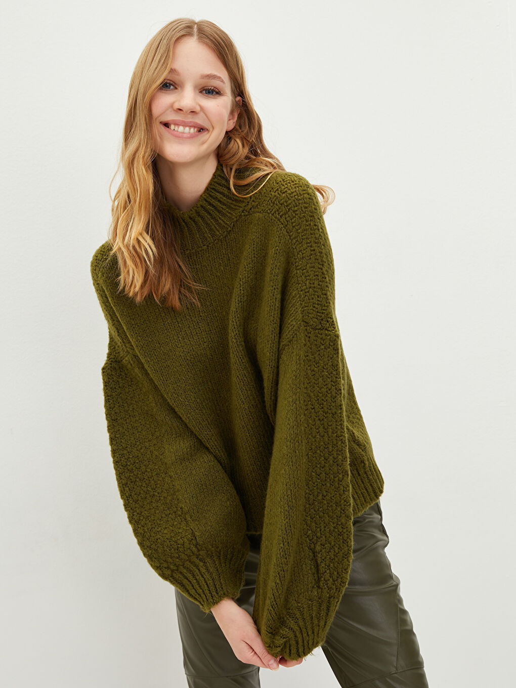 Half Turtleneck Self Patterned Long Sleeve Oversize Women's Knitwear Sweater