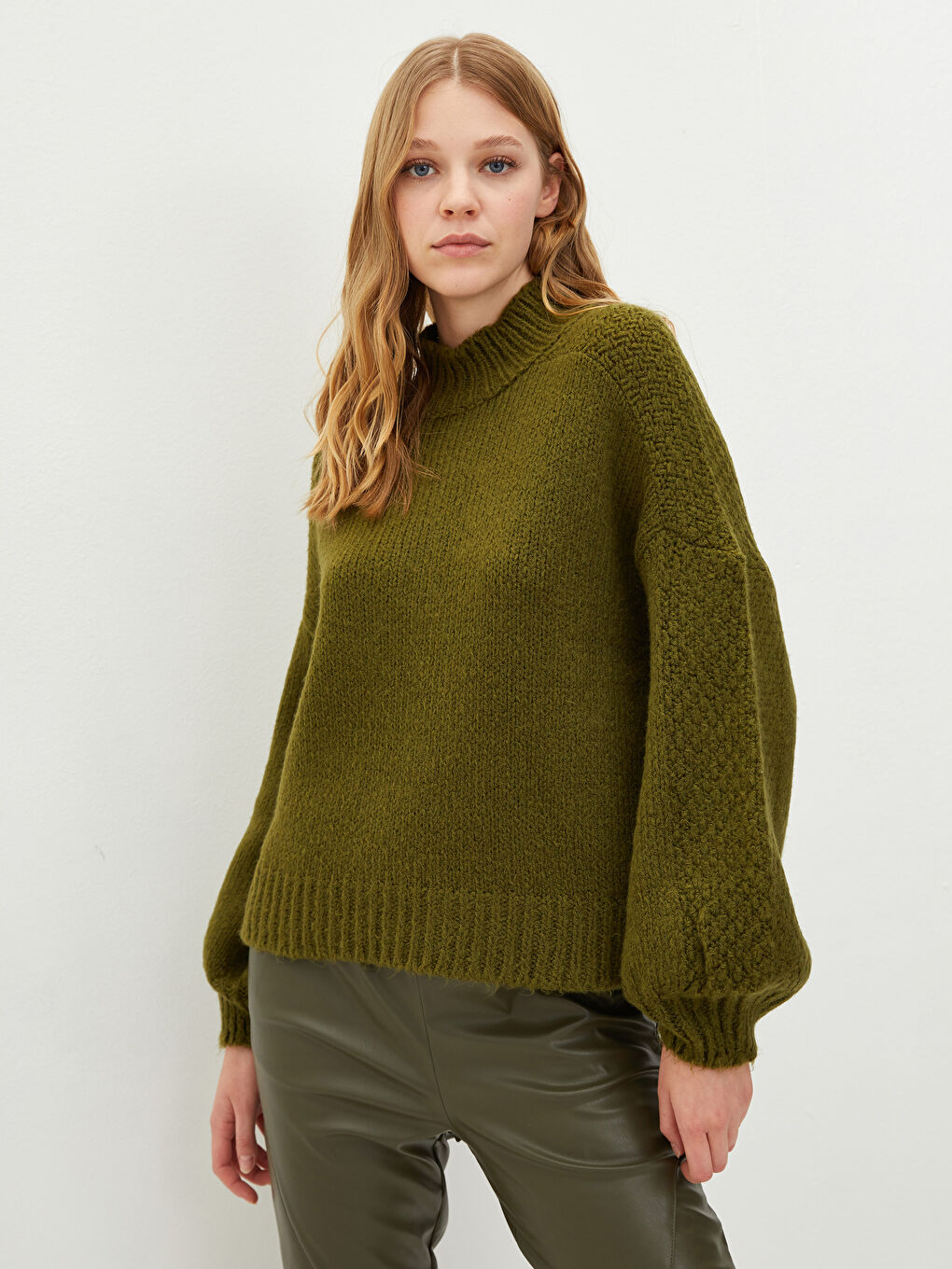 Half Turtleneck Self Patterned Long Sleeve Oversize Women's Knitwear Sweater-1