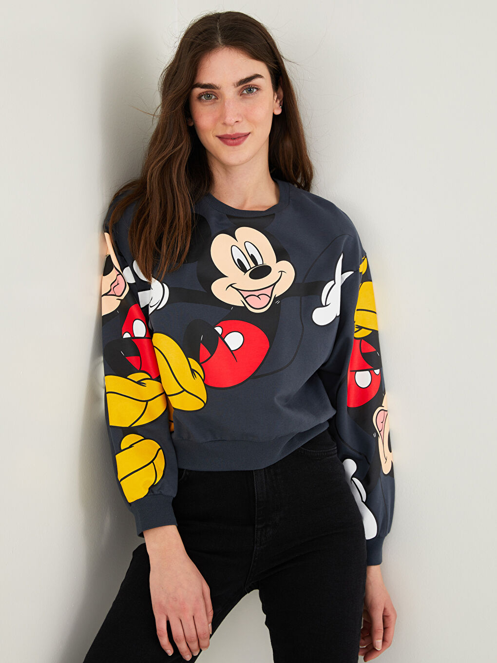 XSIDE Antrasit Bisiklet Yaka Mickey Mouse Baskılı Uzun Kollu Pamuklu Kadın Sweatshirt