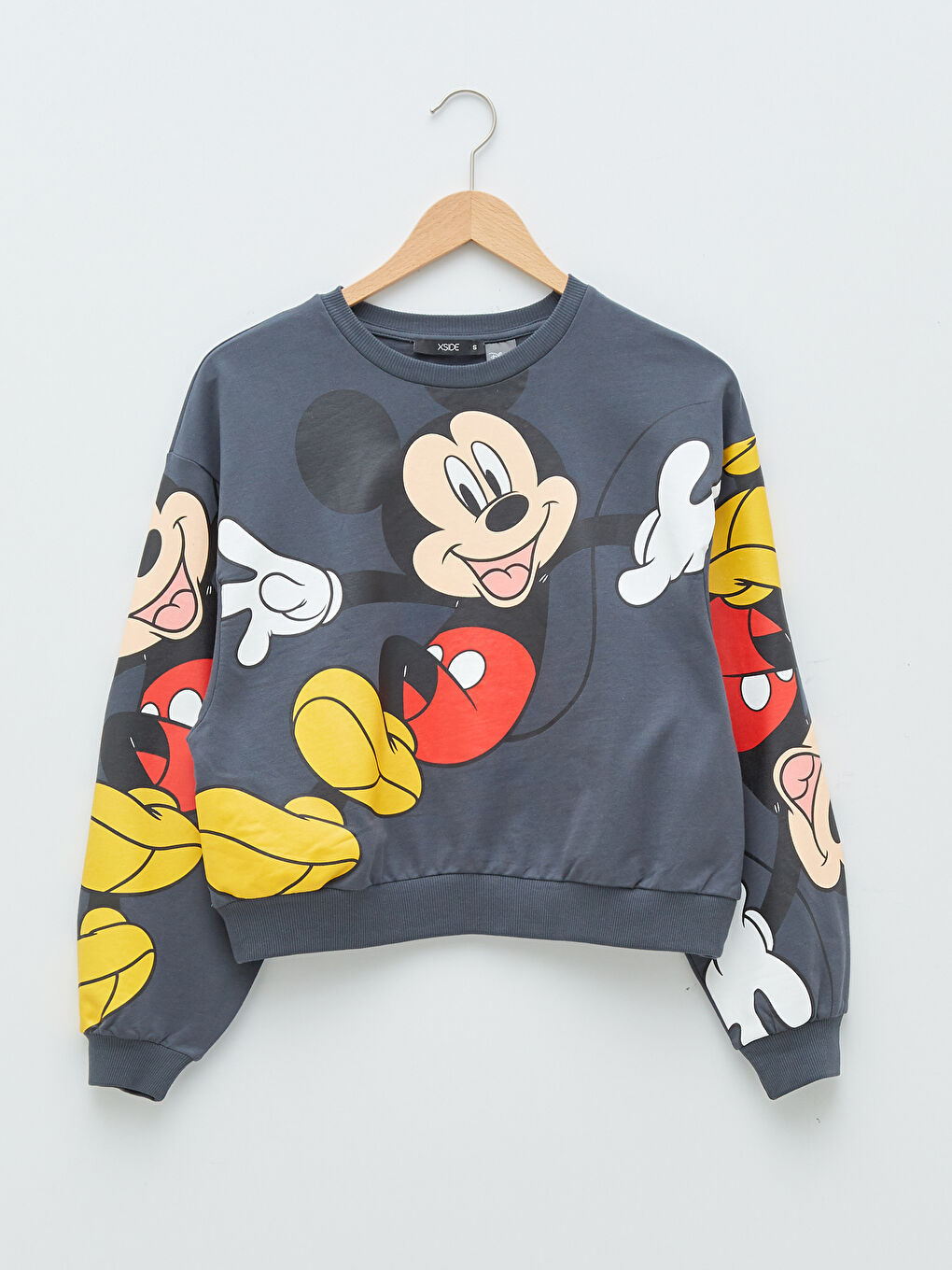 XSIDE Antrasit Bisiklet Yaka Mickey Mouse Baskılı Uzun Kollu Pamuklu Kadın Sweatshirt - 5